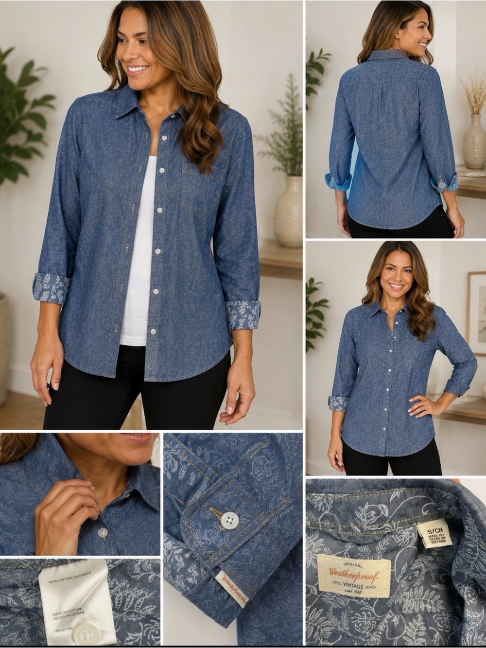 Weatherproof Vintage Floral Chambray Button Down Shirt Small 100% Cotton